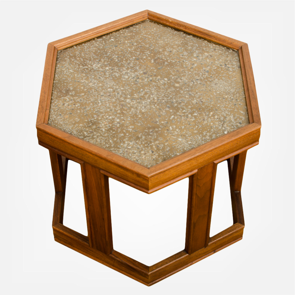 Hexagonal walnut side table with peppled resin design by John Keal