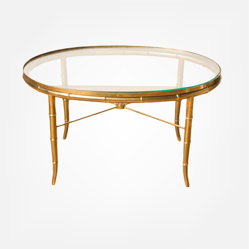 Faux bamboo oval brass table with glass top