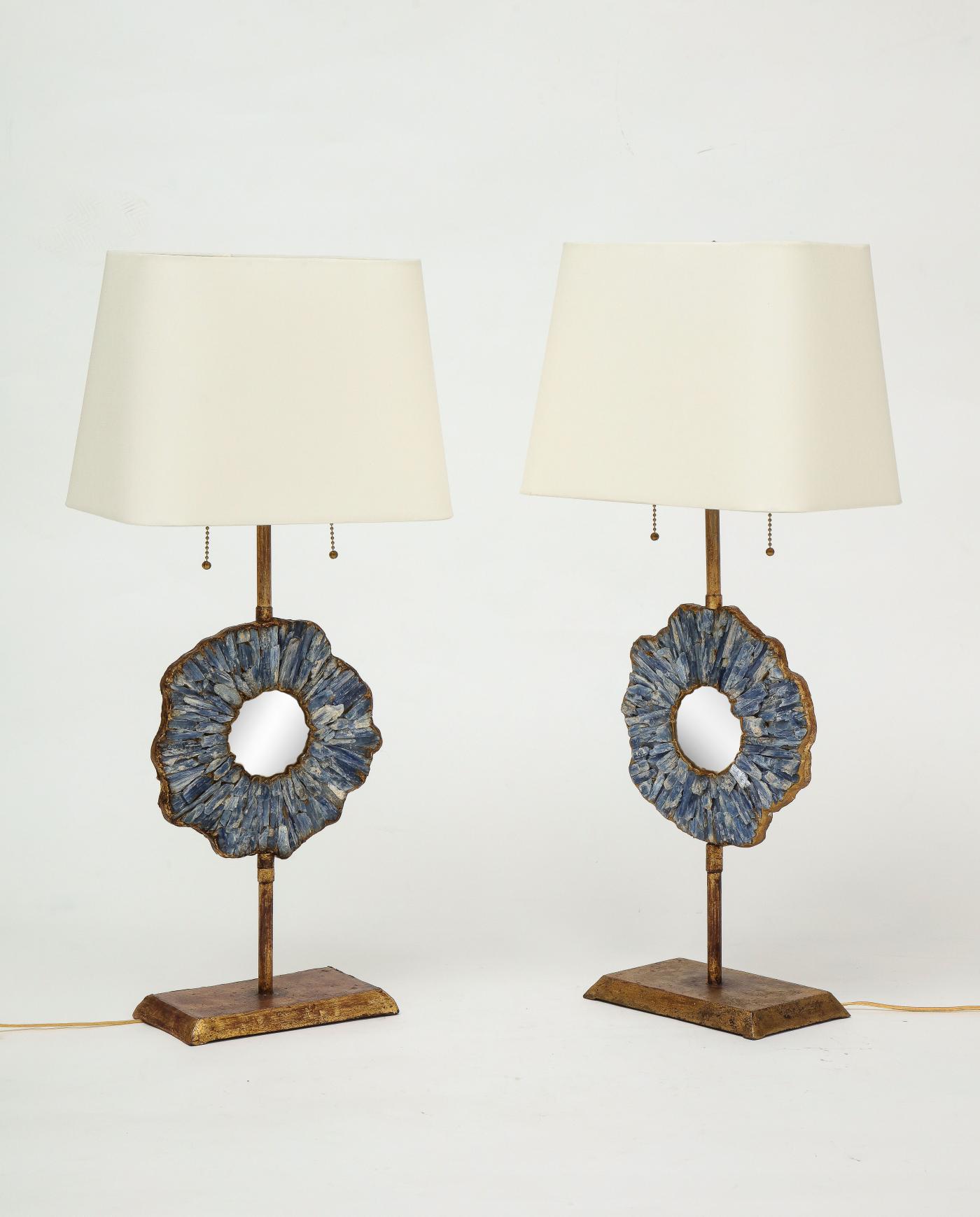 A Pair of Gilt Iron Table Lamps with Convex Mirrors