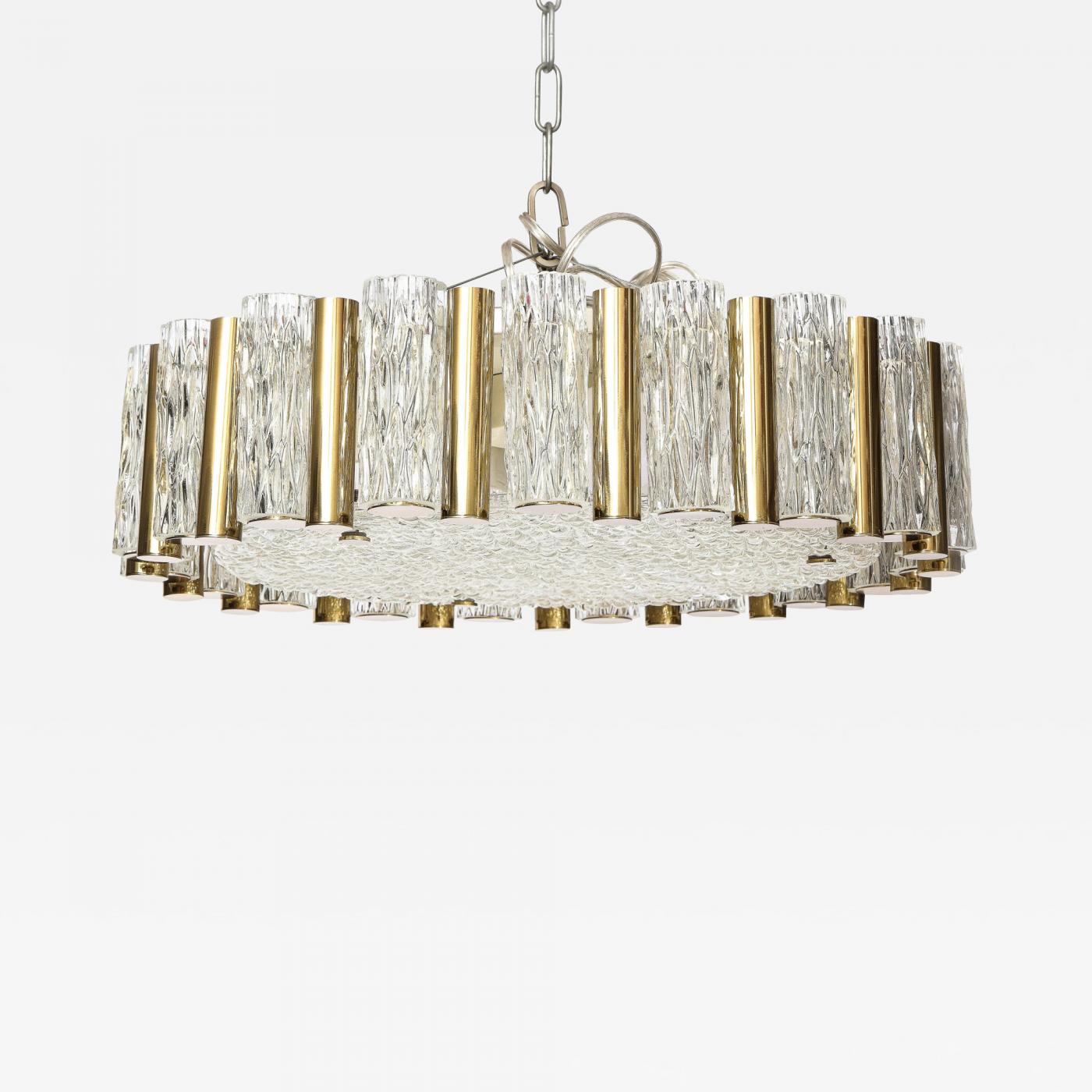 Drum Shaped Brass and Glass Flush Chandelier by Kaiser