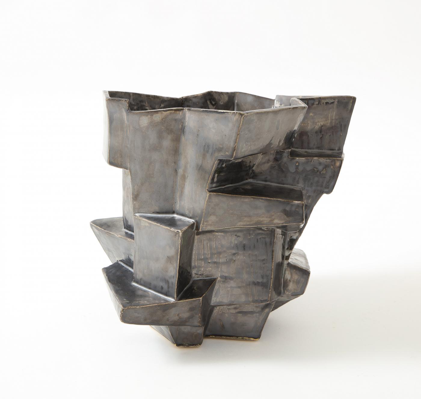 An R.A Pesce wheel-thrown cubist vessel in white stoneware