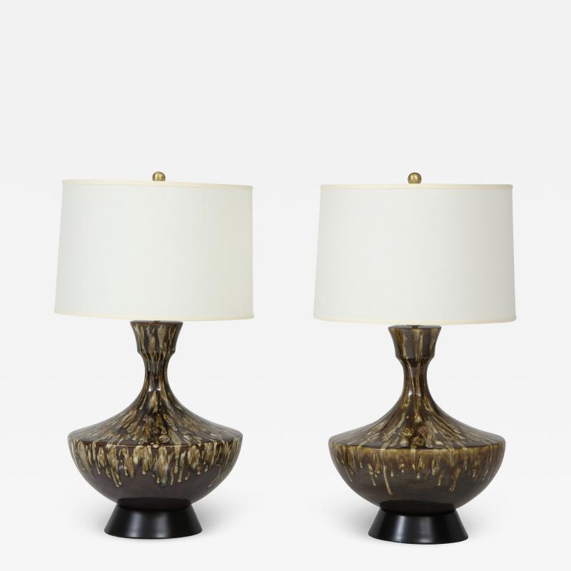 Pair of Mid-Century Modern Ceramic Lamps with Lava Glaze