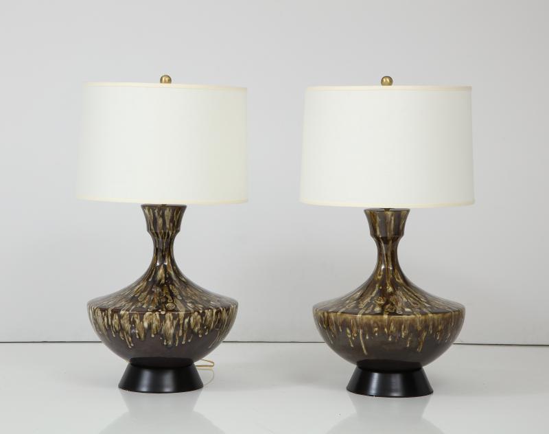 Pair of Mid-Century Modern Ceramic Lamps with Lava Glaze