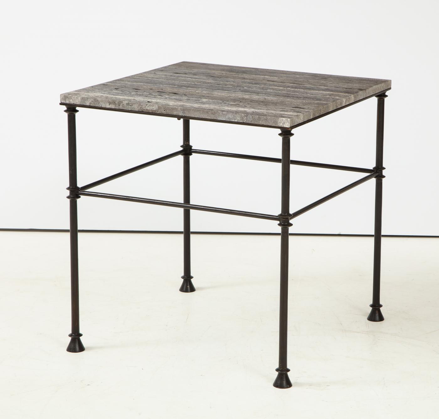 A pair of custom made tables, bronze legs and 