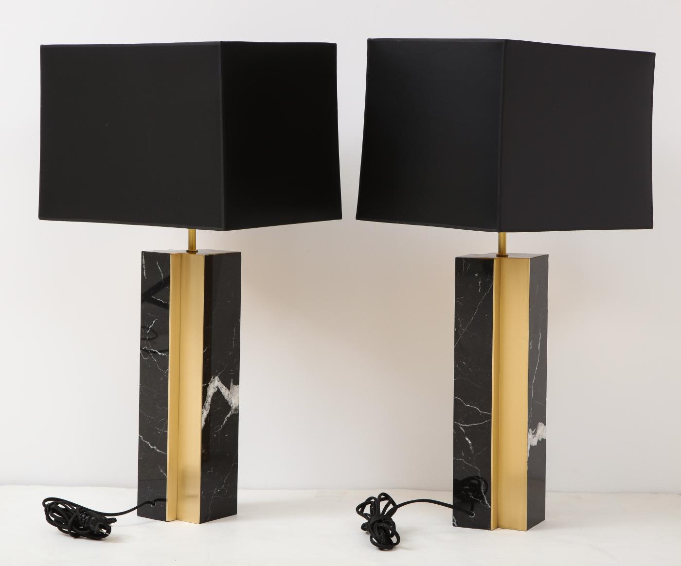 Pair of table lamp with bronze accents. Black and white dalamata quartzite.
