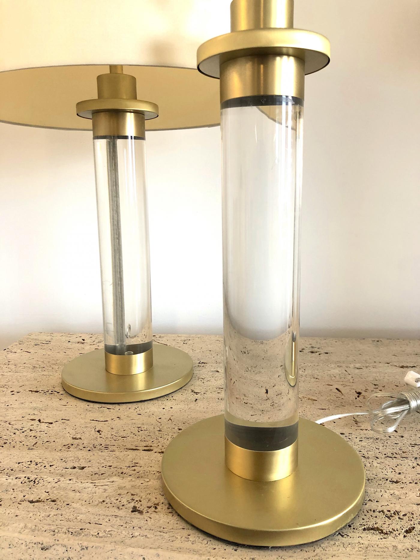 Pair of Lucite Brass Column Table Lamps