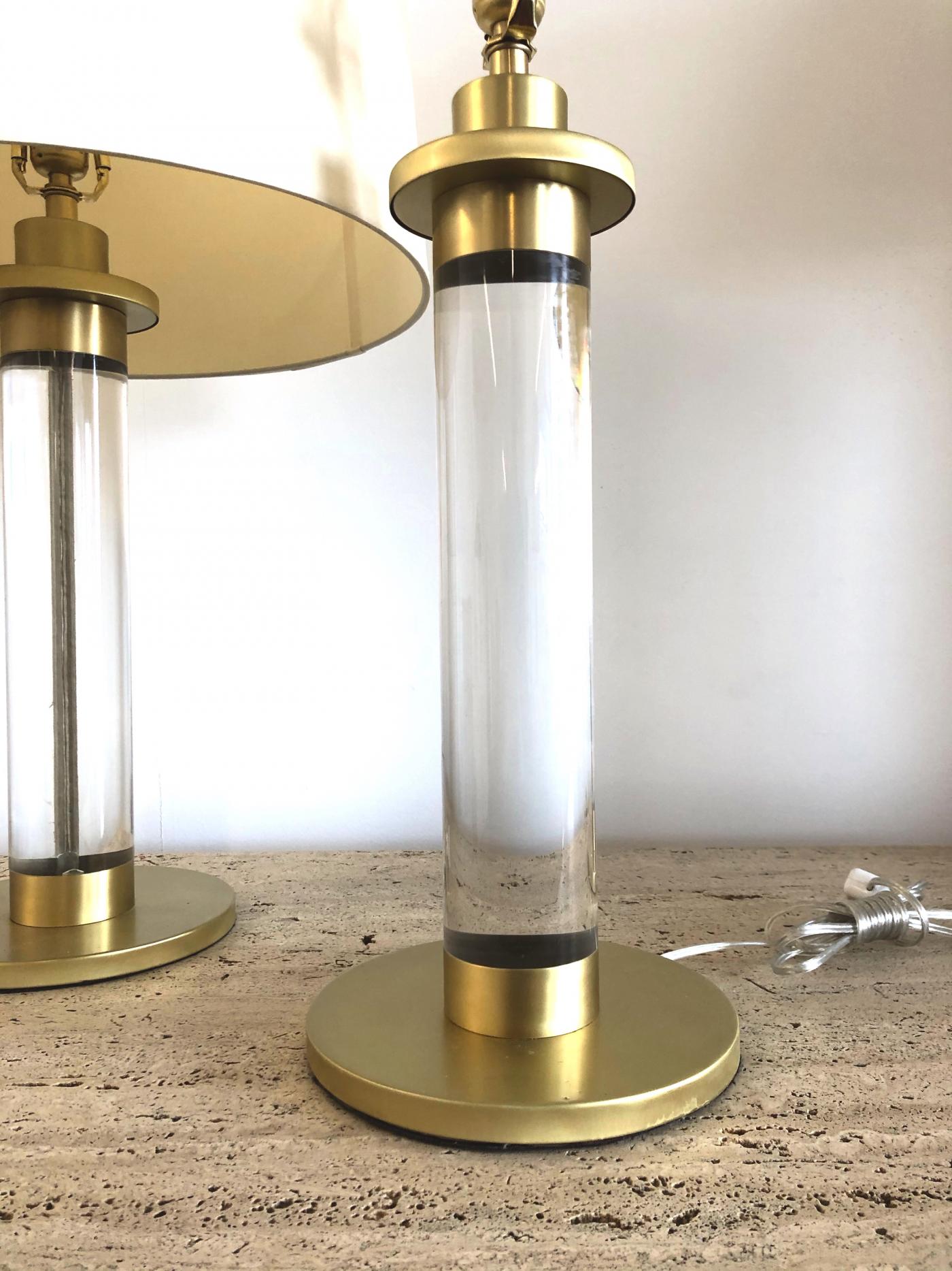 Pair of Lucite Brass Column Table Lamps