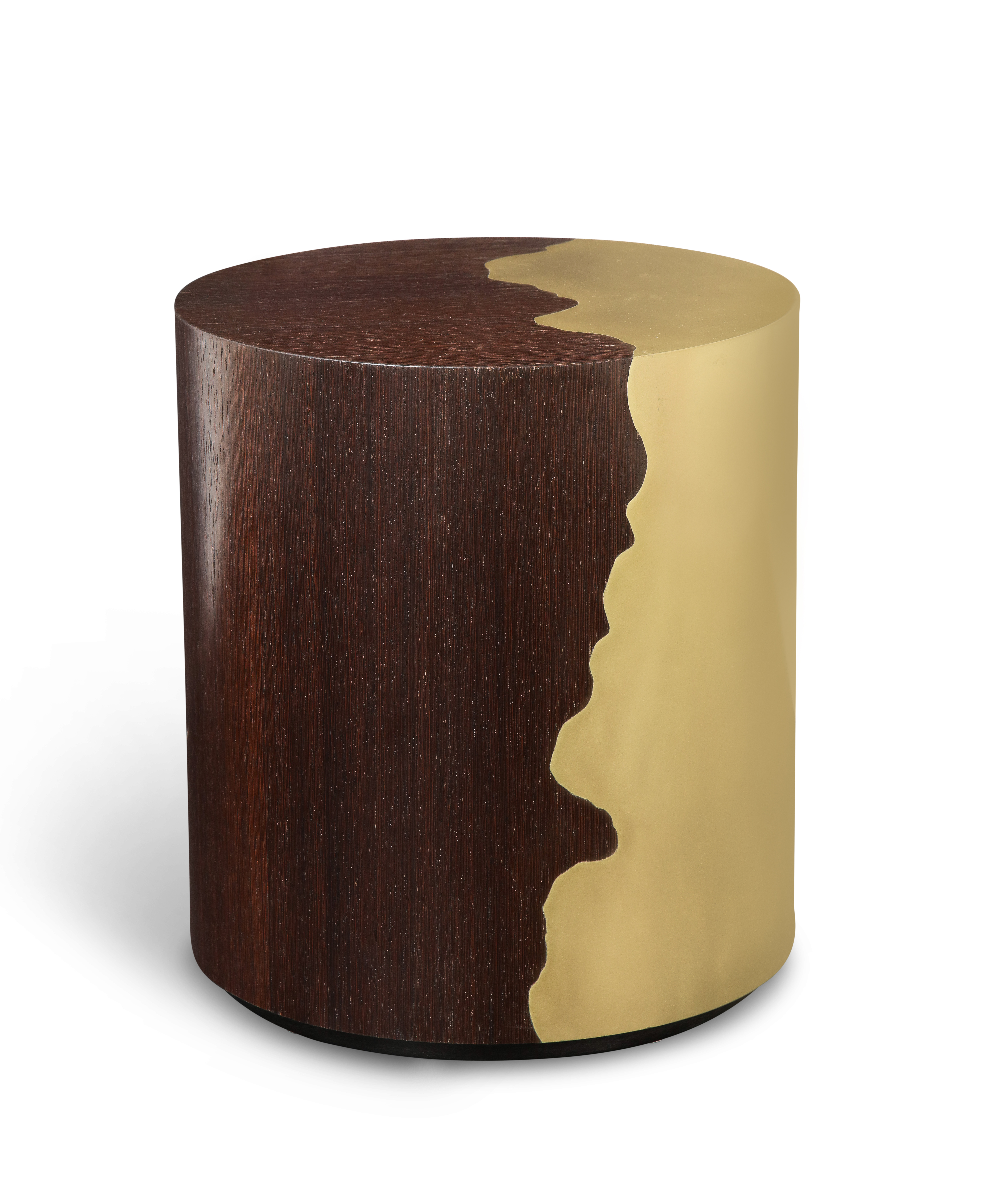 Contemporary oak and brass round side table.