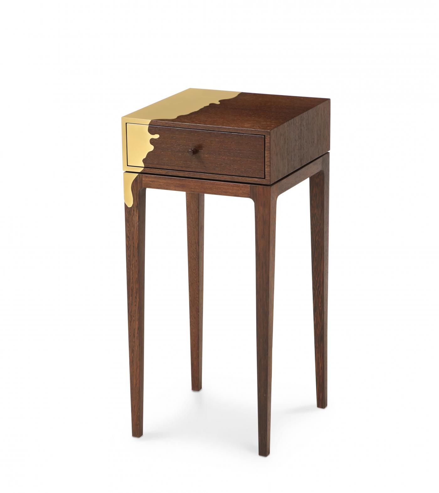 Contemporary oak and brass side table. America.