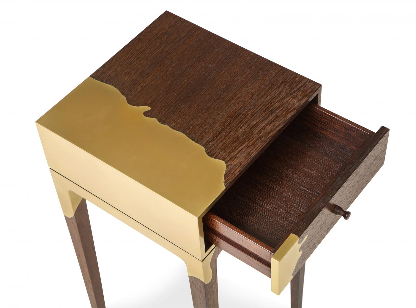 Contemporary oak and brass side table. America.