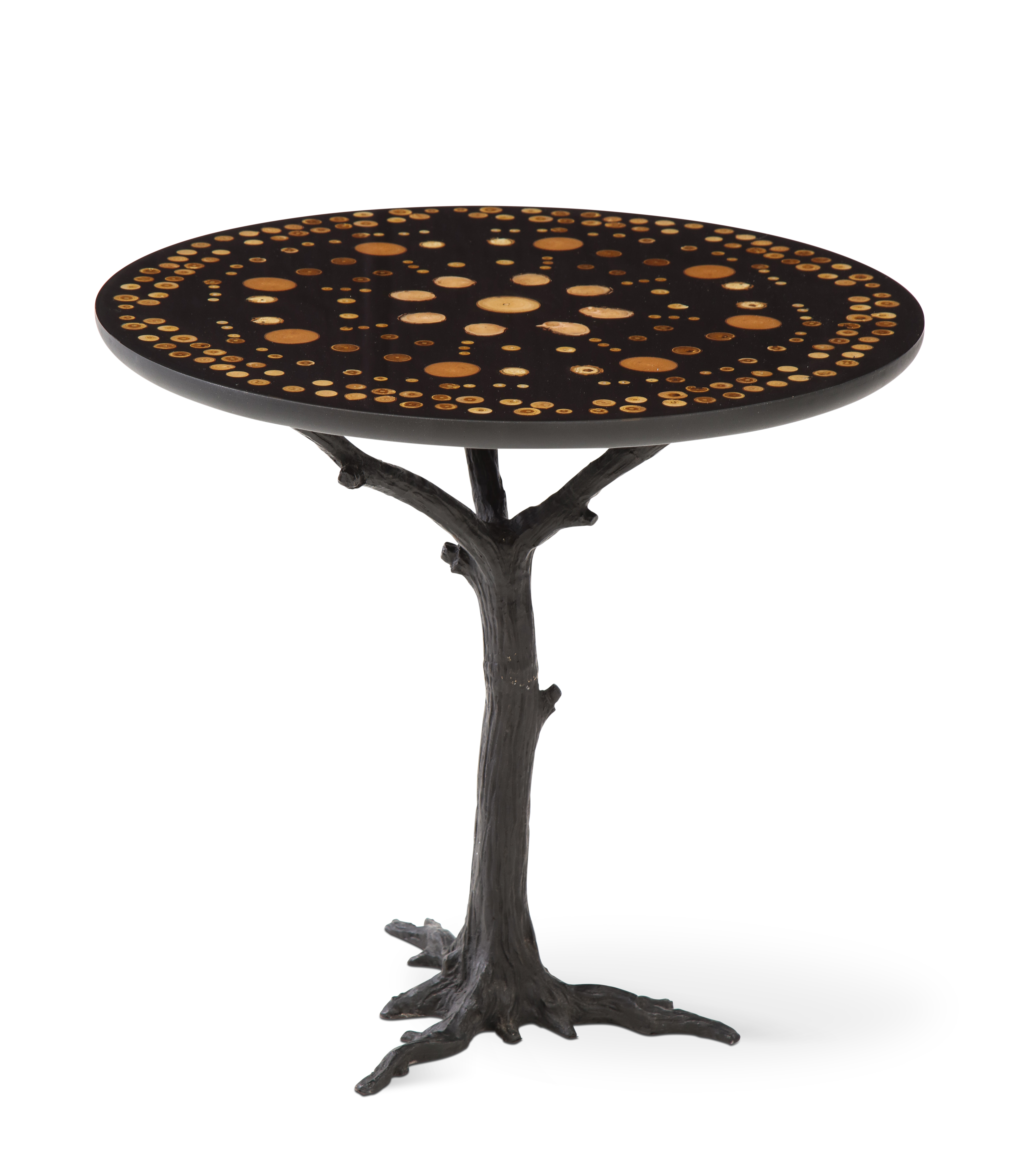 Contemporary table. Iron base with an Unique art piece designed by ABDB Studio.