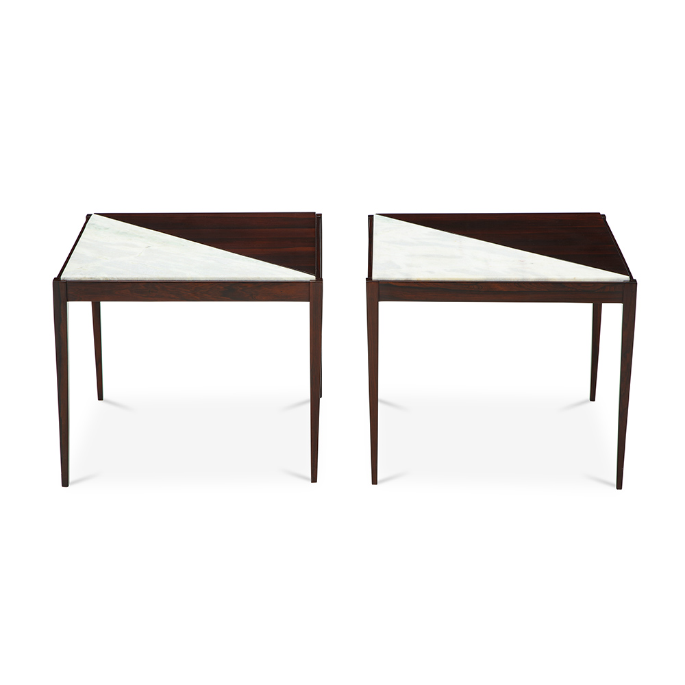 A pair od Mid-Century modern side tables. Rosewood with marble inserts. 1950s.