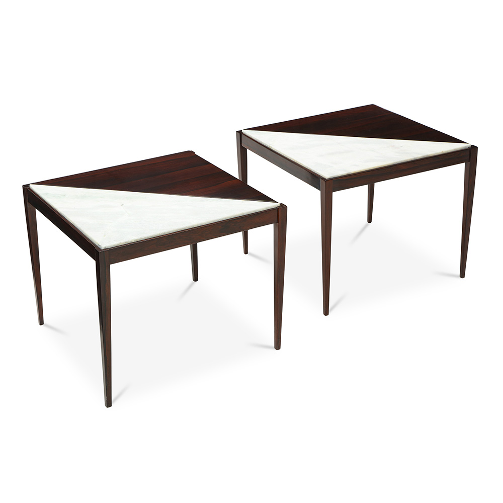 A pair od Mid-Century modern side tables. Rosewood with marble inserts. 1950s.