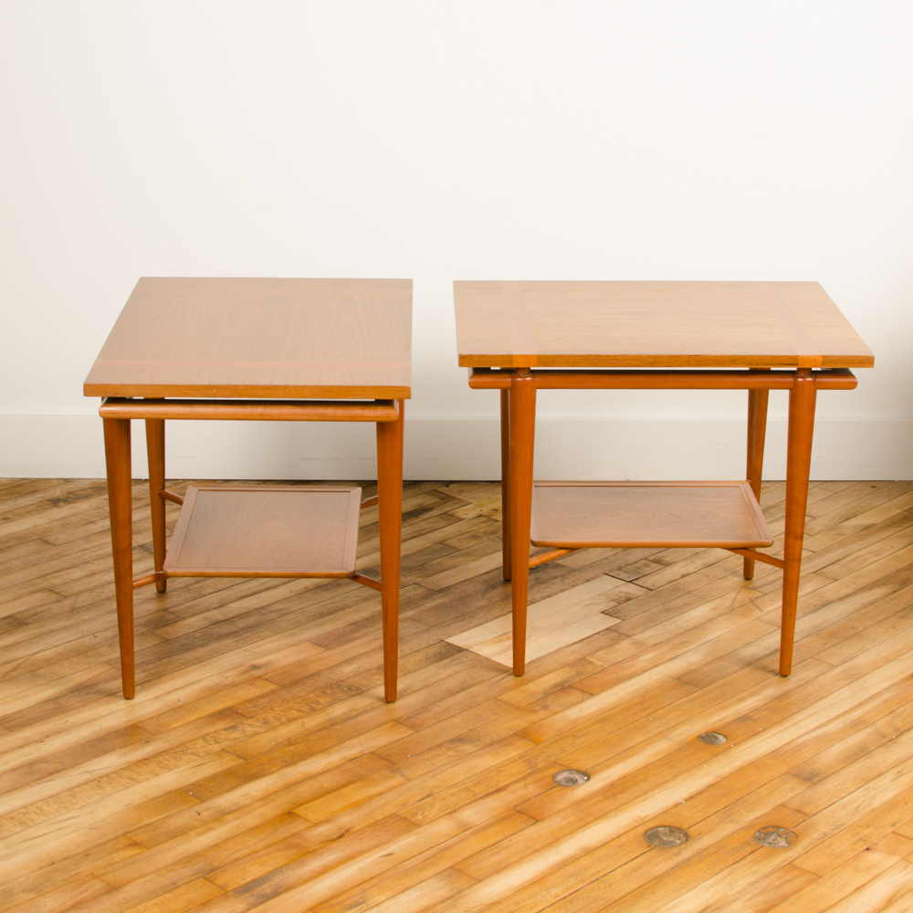  A pair of Mid Century Modern side tables design by T.H. Robsjohn-Gibbings for Widdicomb, American, C 1950. Branded.