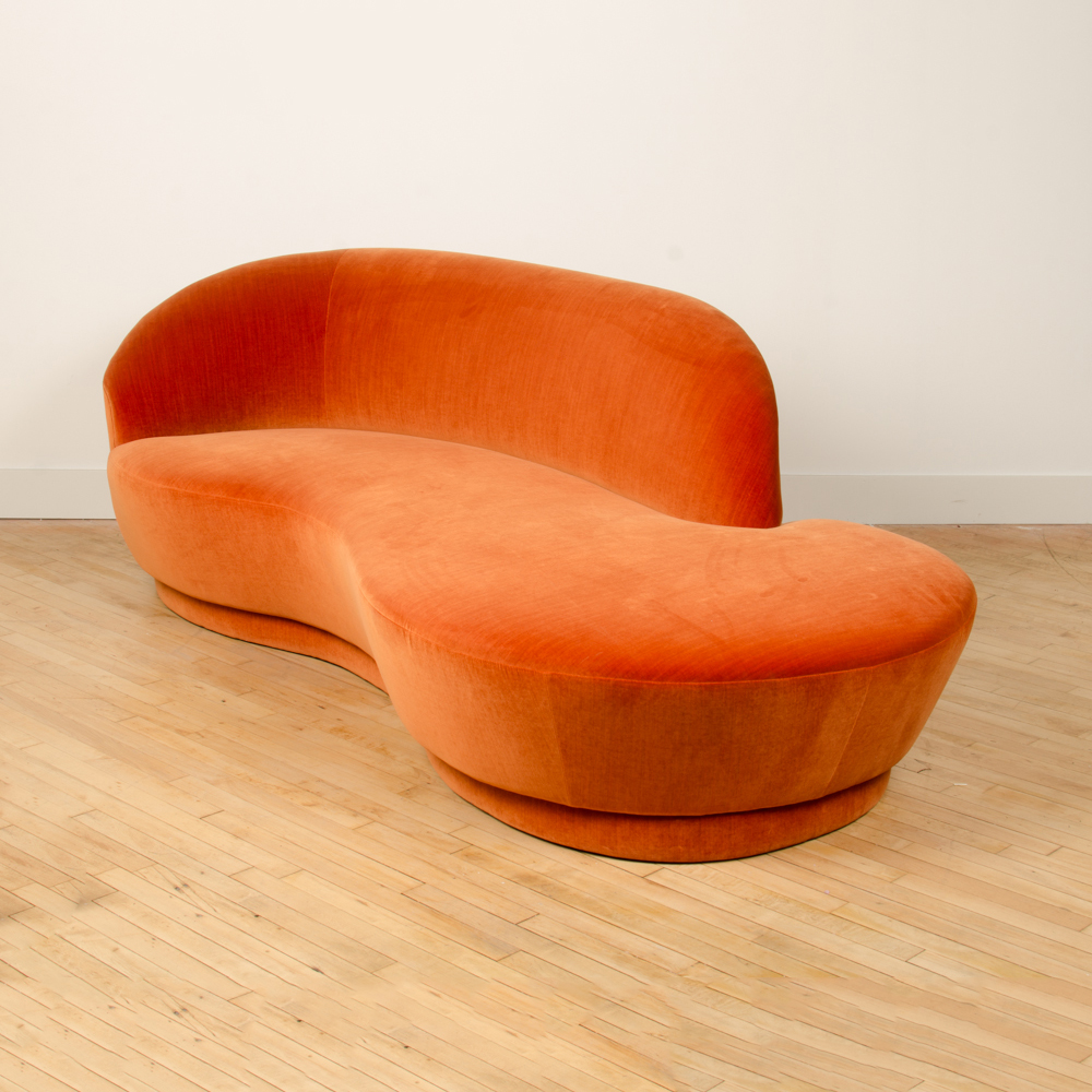 A Vladimir Kagan Weiman Preview Chaise Lounge Sofa, upholstered in a rich orange velvet C 1980.