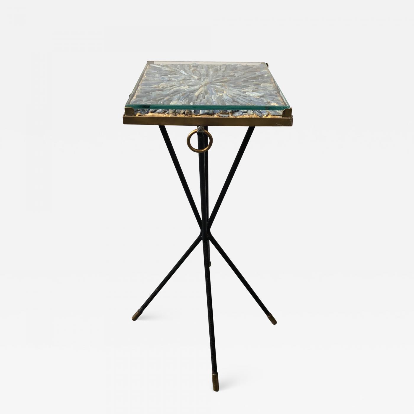 Italian side table, bronze details supporting a blue Kyantine stone top