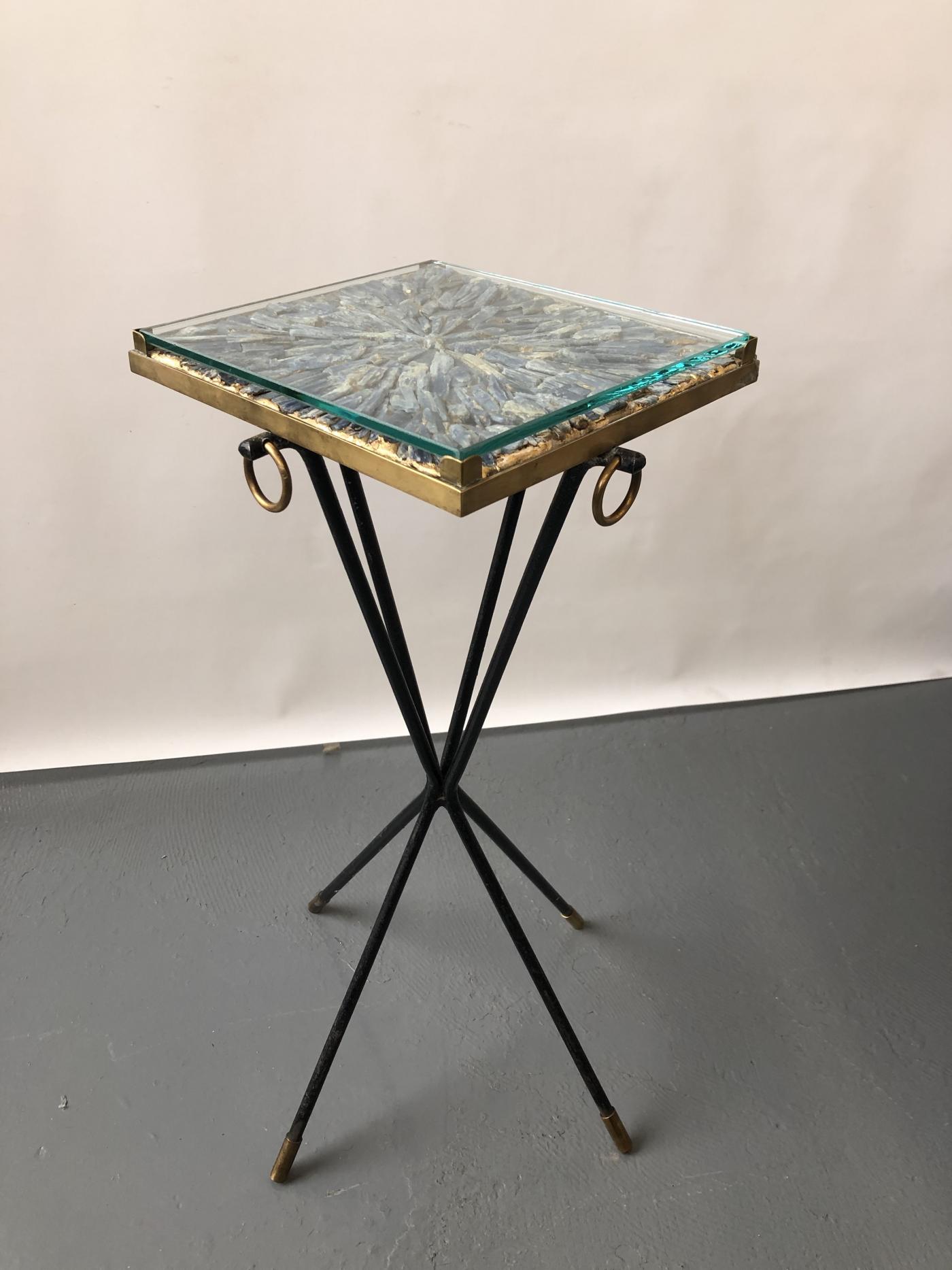 Italian side table, bronze details supporting a blue Kyantine stone top