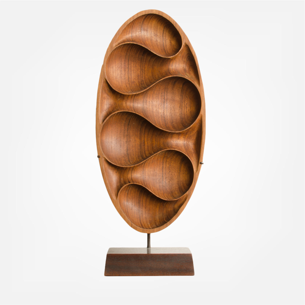 Carved wood almond shaped scuplture and base