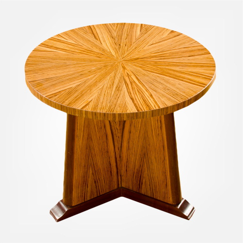 A contemporary round zebra wood table in the Art Deco style.