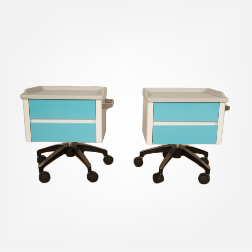 Pair of white and blue two drawer side cabinets