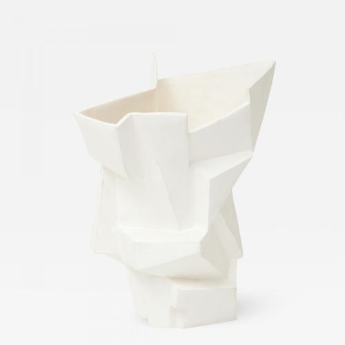 "R. A. PESCE Wheel-thrown and manipulated cubist vessel in white stoneware.