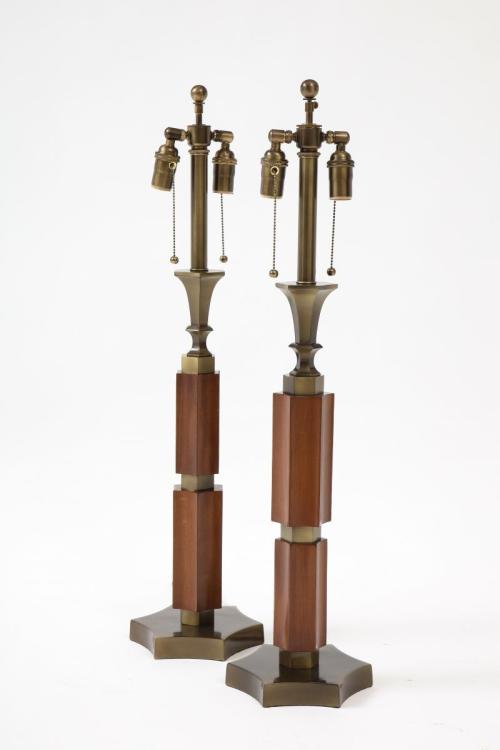 Pair of Mid-Century Modern Mahogany and Brass Lamps