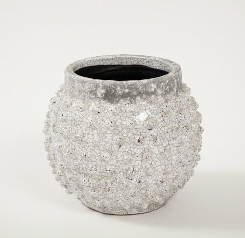 White spherical crackle glaze ceramic vessel