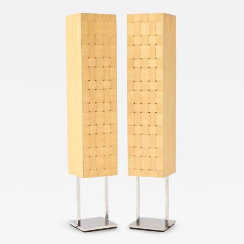 Pair of Mid Century Moder Lamps. Woven Birch veneer with nicked frame