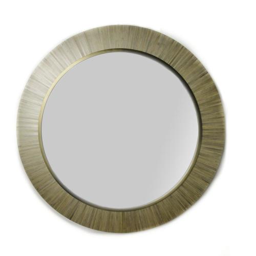 A contemporary, Modernist round mirror, executed in meticulous straw marquetry in surround brass frame.