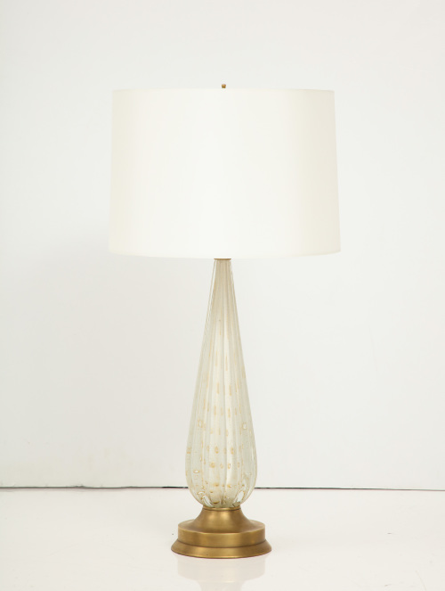 Midcentury Murano Glass Table Lamp with Gold Dust. Brushed Metal Base. Italy 1950s