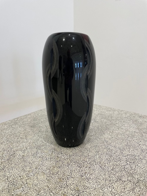 Tall geometric black acid etched vase by Jean Luce.