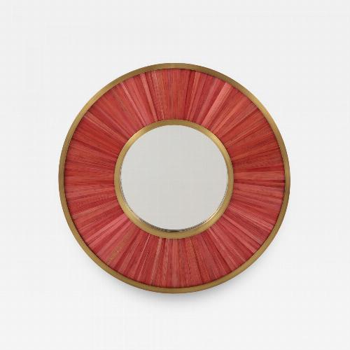 Modernist mirror. Executed in straw marquetry and solid brass frame.