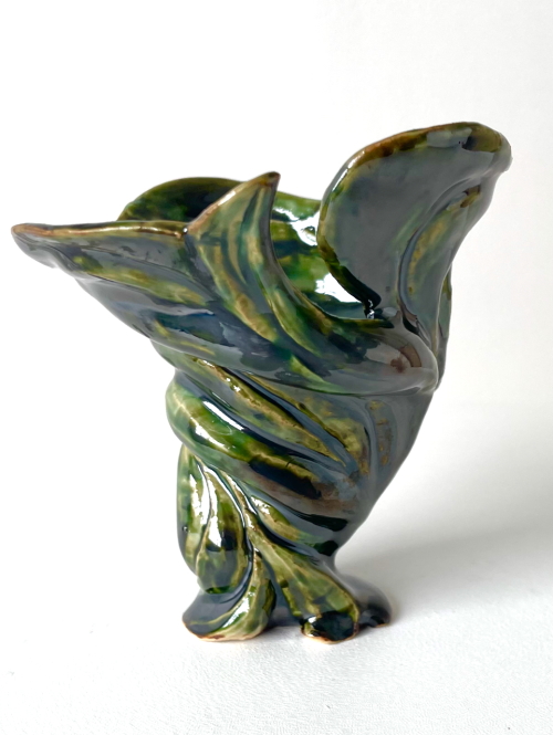 Small Tornado Ceramic Vessel with Green Moss Glaze by R.A. Pesce 