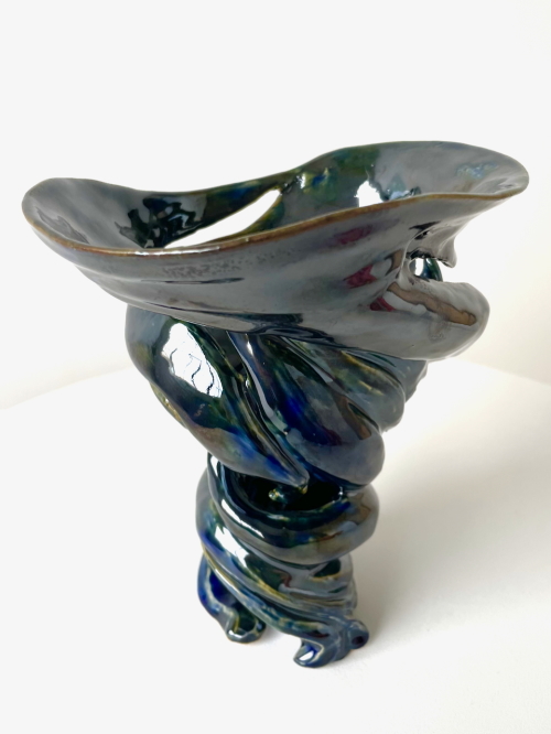 Medium Tornado Ceramic Vessel with Green Moss Dark Glaze by R.A. Pesce 