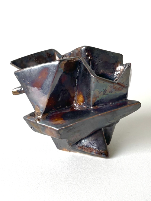 Small Cubist Ceramic Vessel, Calico Glaze by R.A. Pesce