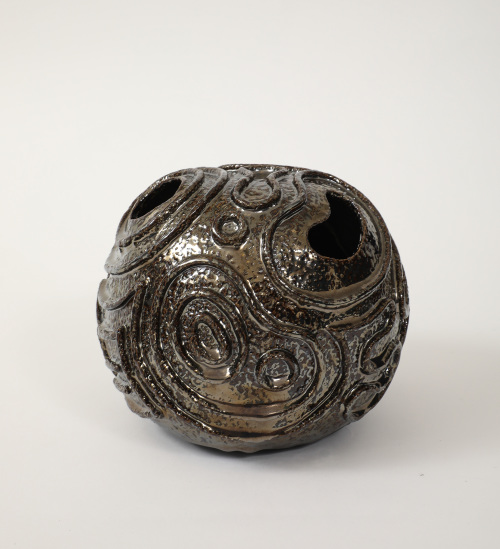 Patterned Ceramic Moonvase with Reflective Black-Chrome Glaze. Made By Aram C.