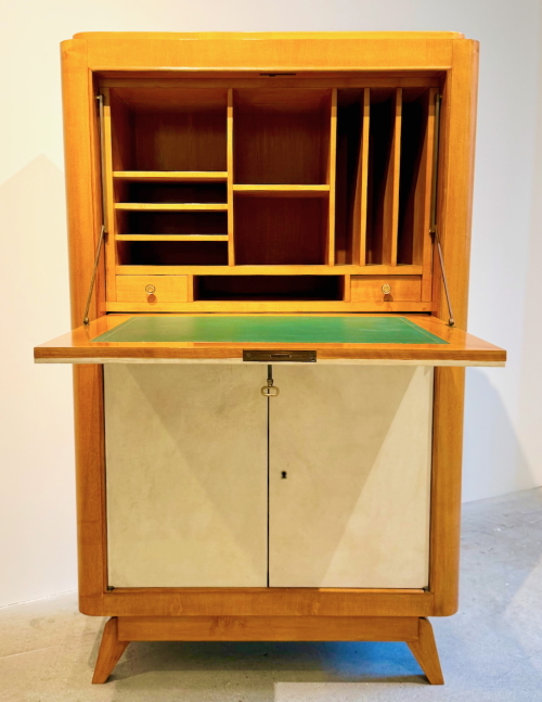 Fine French 1940s Sycamore and Parchment Secretary