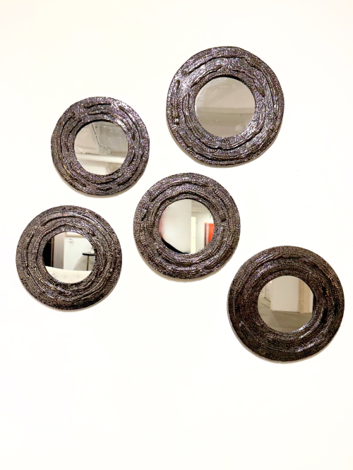Set of 5 topographic-patterned black-chrome metallic glaze mirrors
