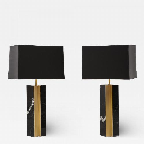 Pair of table lamp with bronze accents. Black and white dalamata quartzite.
