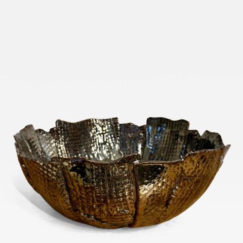 Waffle textured bowl in a black-chrome metallic glaze. Made By Aram C.