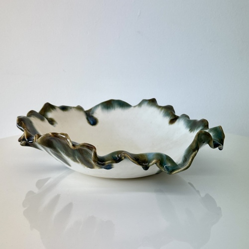 Ruffled-edge serving bowl, matte-white glaze