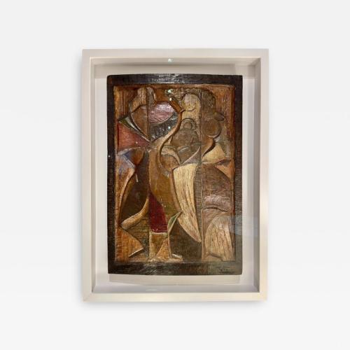 Cubist carved & hand color tinted sculptural panel by Vicente Gil-Franco.