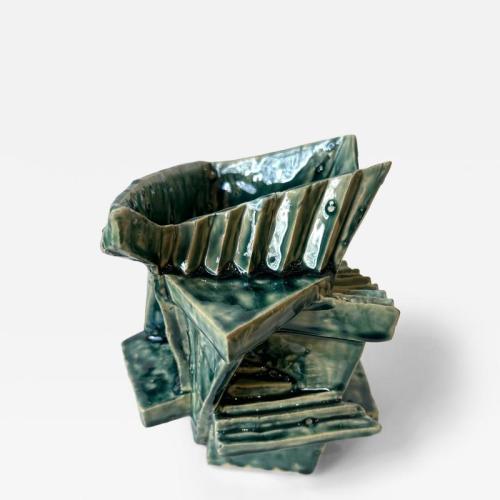 Cubist vessel in forest glaze by R.A. Pesce, 2025