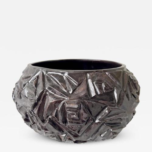 Deco Rose Geometric Ceramic Vessel by R.A. Pesce, Black Glaze