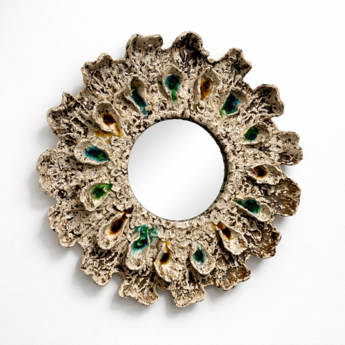 Brown and Cream Speckled Ceramic Mirror with Embedded Glass Accents by Aram C.