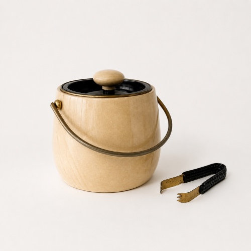Aldo Tura Goatsking Ice Bucket and Tongs, Italy. 1960's.