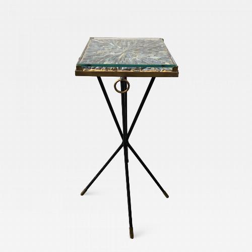 Italian side table, bronze details supporting a blue Kyantine stone top