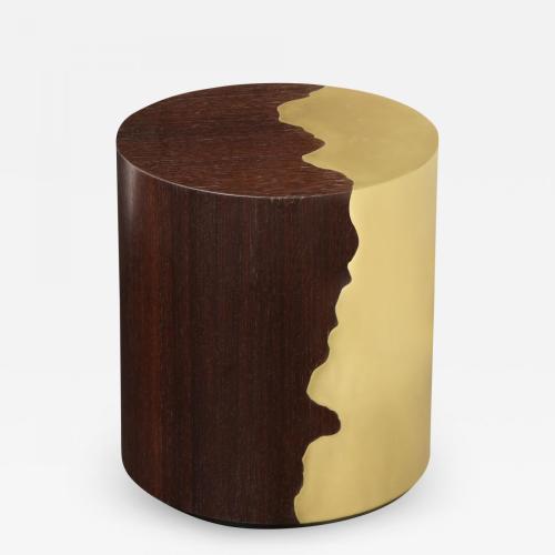Contemporary oak and brass round side table.
