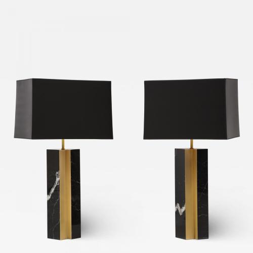 Pair of table lamp with bronze accents. Black and white dalamata quartzite.